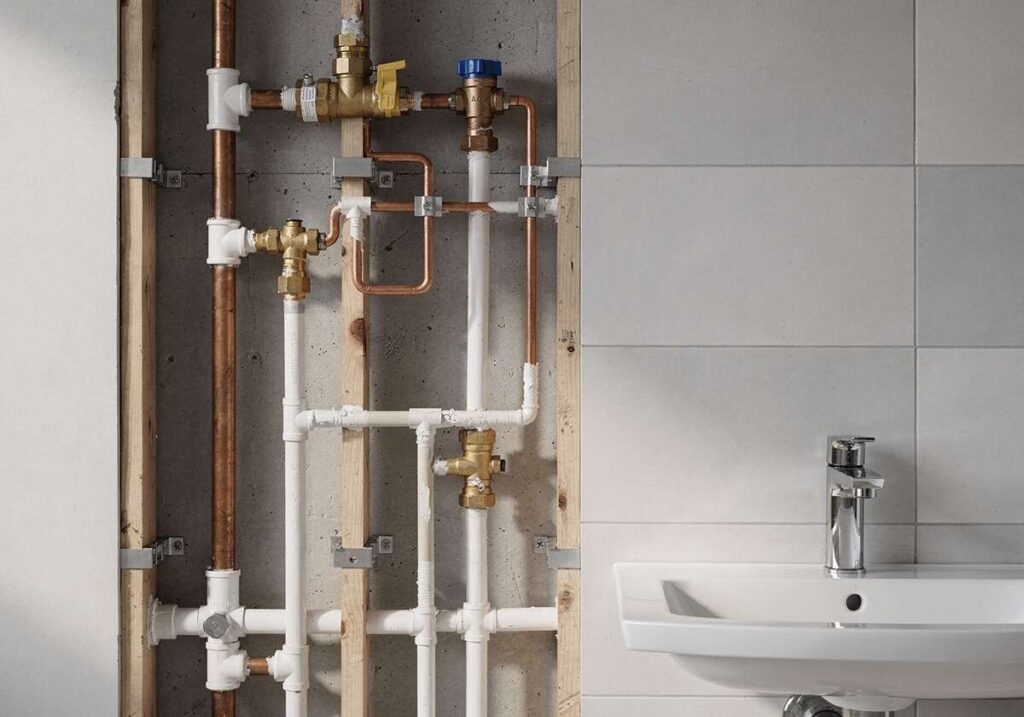 Tubulação de encanamento em banheiro moderno.