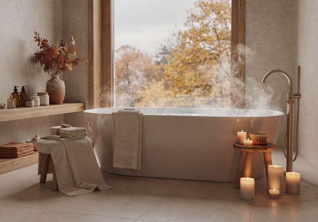 Banheiro moderno com banheira e velas acesas
