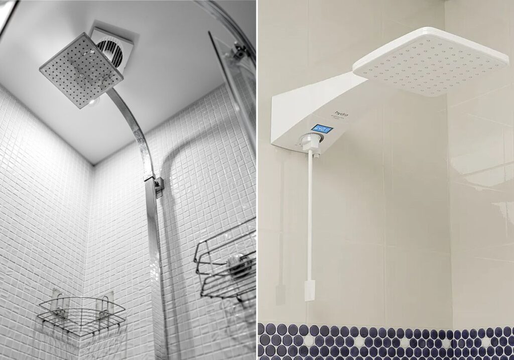 Duas chuveiros modernos em ambientes diferentes