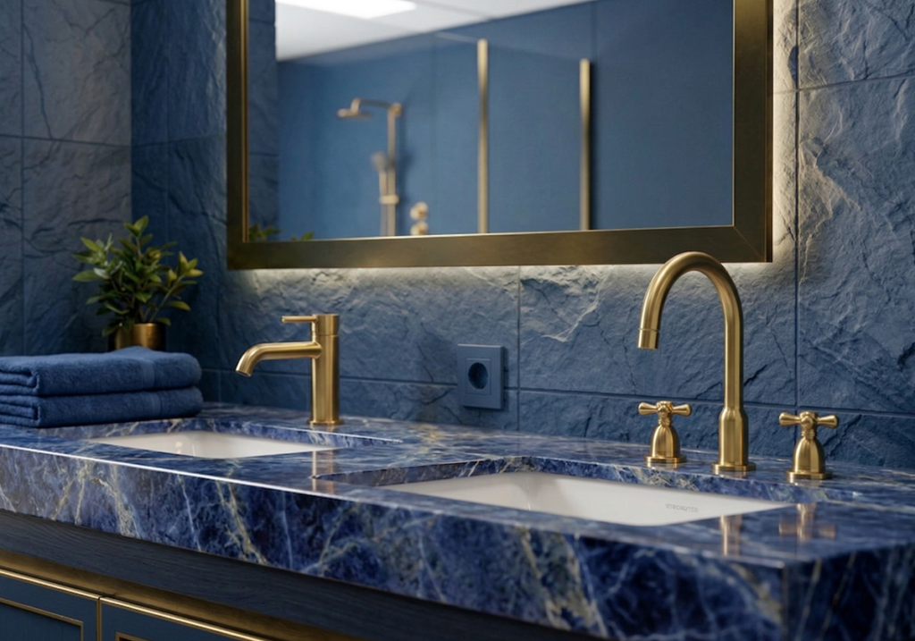 Bancada de banheiro elegante com torneiras douradas