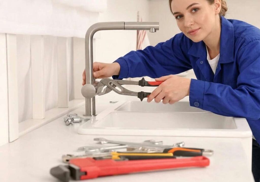 Mulher instalando torneira monocomando na pia